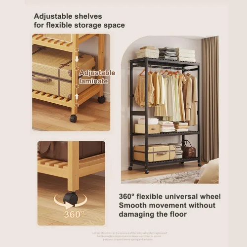 Miniatura 4 de Bamboo Wardrobe/Clothes Rail/Clothes Rack/Garment Rack,Free Standing Clothes Rail with Wheels,Open Wardrobe with Shelves,for Entryway Living Room