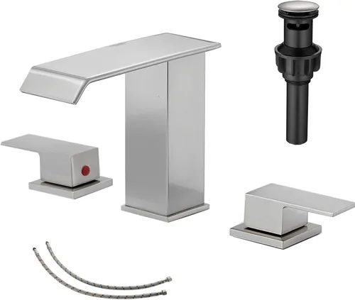 Miniatura 10 de Grifo de baño cromado con cascada de 3 agujeros, 2 manijas, polisehd, cascada cromada, moderna, con drenaje desplegable Cromo