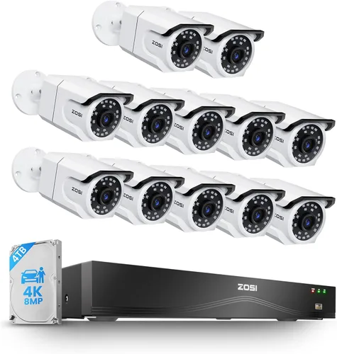 ZOSI Sistema de cámara de seguridad PoE de 32 canales 4K, 12 cámaras interiores y exteriores de 8 MP con audio, detección de persona/vehículo,