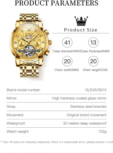 Miniatura 23 de OLEVS Reloj de pulsera automático con diseño de esqueleto para hombre, de lujo, con diamantes de lujo, de acero inoxidable, calendario, reloj