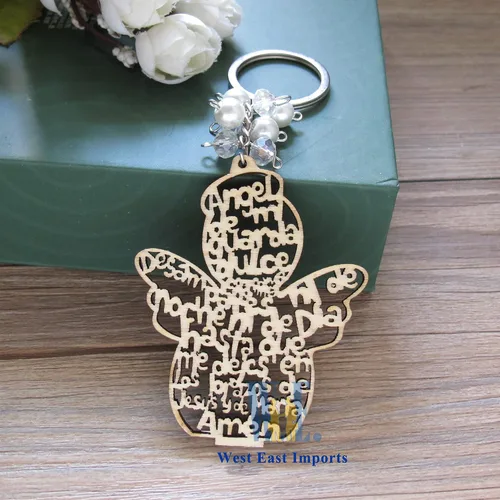 Miniatura 6 de Llavero de ángel de bautismo hecho de madera (12 piezas) /recuerdos de comunión para niño o niña recuerdos de bautizo con bolsas de organza