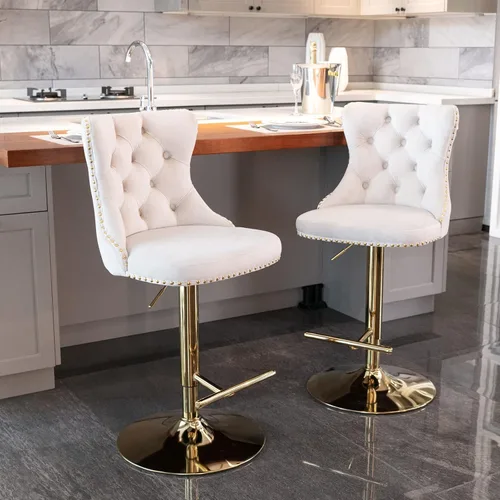 Miniatura 3 de Polibi Taburetes de bar giratorios, 2 piezas, altura del asiento ajustable de 25 a 33 pulgadas, sillas de bar tapizadas modernas con botón copetudo