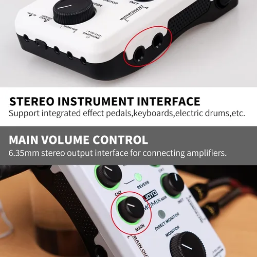 Miniatura 4 de JOYO Mezclador de audio USB Interfaz de audio estéreo XLR+48V Phantom Power Mixer para transmisión en vivo, grabación, podcasting Plug & Play