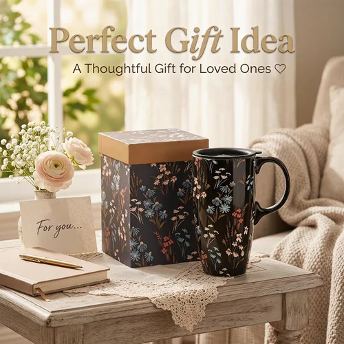 Miniatura 5 de Topadorn Taza de Café de Cerámica Taza de Viaje Regalo con Tapa 17oz., Taza de Té Alta de Porcelana con Asa para el Hogar y la Oficina, Taza