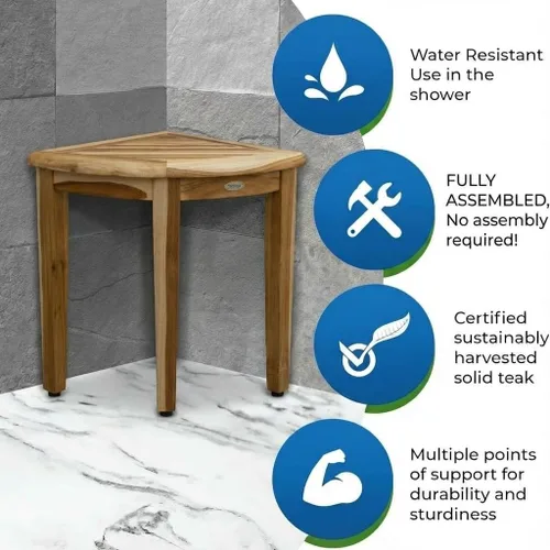 Miniatura 4 de EcoDecors SnazzyCorner - Banco de ducha impermeable de madera de teca para el interior, proporciona seguridad, almacenamiento y organización