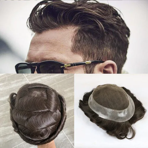 Miniatura 3 de SIMBEAUTY Encaje francés con base australiana con poliuretano alrededor de los hombres, peluca de cabello humano cómoda onda, sistema de reemplazo