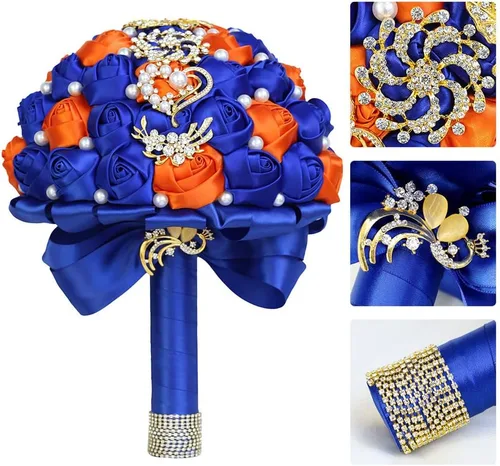 Miniatura 2 de XINNI Broche de oro de lujo de 8 pulgadas, ramo de boda nupcial para novia, dama de honor, ramo de rosas de satén con perlas, color negro y gris