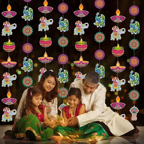 Miniatura 4 de Ceenna 8 piezas de decoración colgante Happy Diwali suministros de decoración india festival de luces colgante banner de sutura Deepavali papel