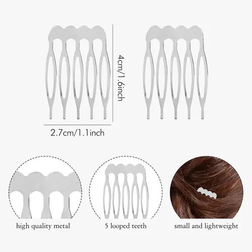 Miniatura 3 de Cinaci 30 peines laterales pequeños de metal plateado para manualidades, 5 dientes, para boda, velo de novia, tocados, pinzas para el cabello