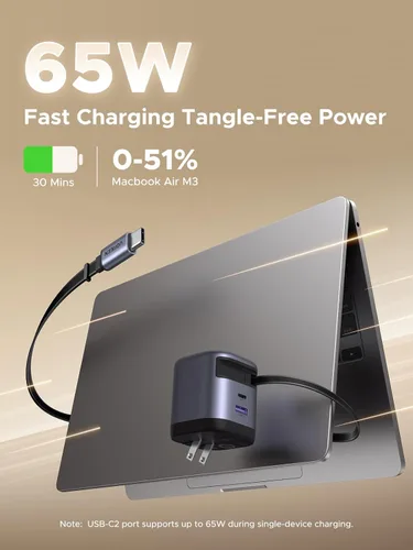 Miniatura 2 de UGREEN Nexode - Cargador retráctil USB C de 65 W GaN con cable integrado, adaptador de pared de carga rápida de 2 puertos para iPhone 17/16/15