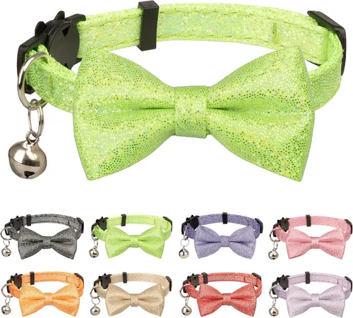 Miniatura 8 de Collar de gato con pajarita brillante para gatos, campanilla, fiesta, boda, fiesta, brillante, 7-11 pulgadas, niña, niño, mascota, color liso