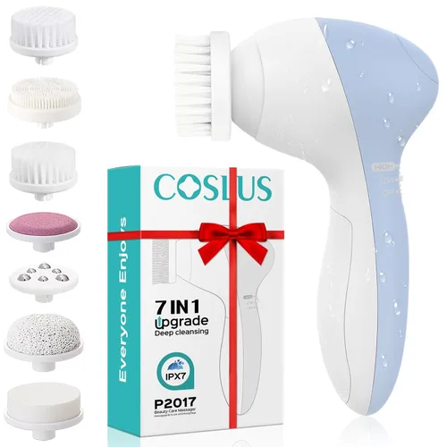 COSLUS Cepillo de Limpieza Facial Exfoliador Facial de Silicona: Dispositivo de Masaje Rotatorio Exfoliante Eléctrico 7 en 1 FBS-D Impermeable Azul