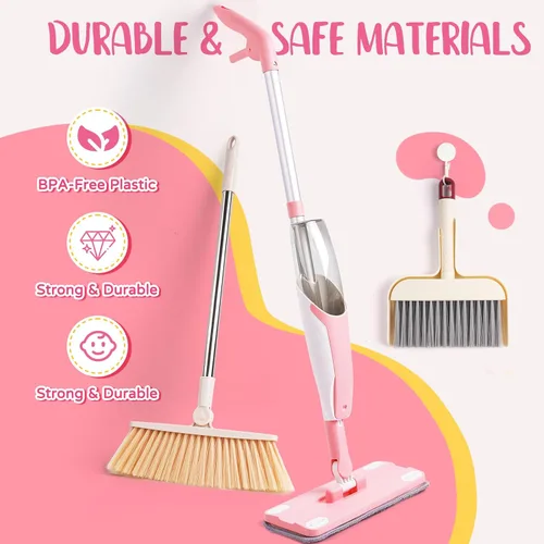 Miniatura 5 de Juego de juguetes de limpieza para niños, mini trapeador de aerosol rosa, juguetes Montessori, herramienta de limpieza para niños pequeños
