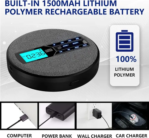 Miniatura 6 de Reproductor de CD portátil, reproductor de CD portátil recargable con altavoces duales y antisalto, CD, USB, AUX, pantalla LCD, botón Negro