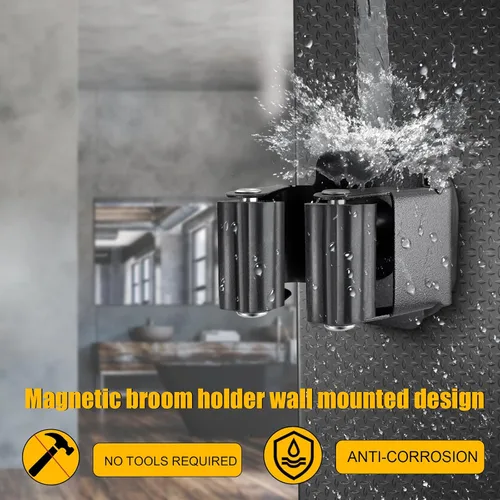 Miniatura 4 de Soporte de pared magnético mejorado para escoba y trapeador, ahorro de espacio, resistente, sin taladrar sobre la puerta, agarre de escoba