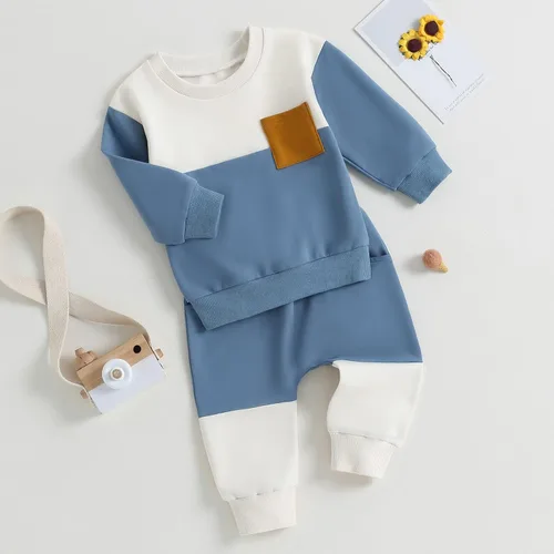 Miniatura 2 de Conjunto de camiseta de manga larga con cuello redondo a rayas y pantalones sólidos con cordón ajustable