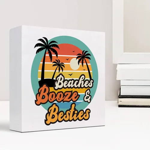 Miniatura 7 de Decoración de escritorio de verano, Beaches Bozze and Besties Retro Sunset de madera de doble cara para decoración de escritorio, caja de madera
