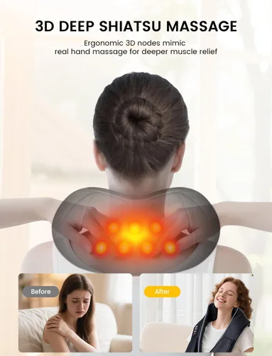 Miniatura 2 de Shiatsu Masajeador de cuello y espalda con calor, masajeador de hombros de tejido profundo con cable para aliviar el dolor, nodos de amasamiento 3D