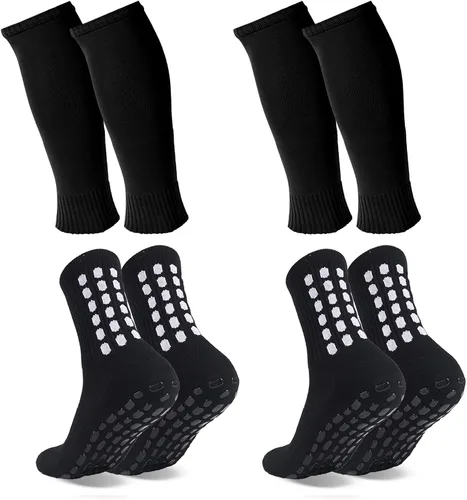 Miniatura 14 de ZXOLDZX 2 Juego de Calcetines de Agarre para Fútbol con Mangas de Protector de Espinilleras, Calcetines de Espinillera para Piernas sin