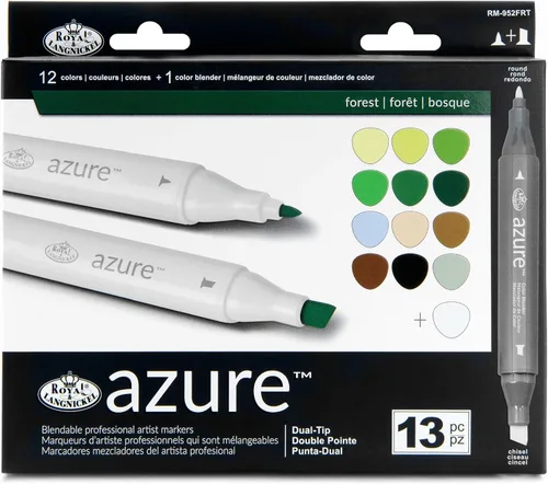Royal & Langnickel Azure, juego de marcadores a base de alcohol de doble punta de 13 piezas, incluye 12 marcadores y 1 licuadora, colores del bosque