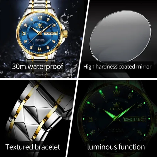 Miniatura 5 de OLEVS Reloj de cuarzo para parejas, calendario luminoso, fecha, negocios, formal, de lujo, para hombres y mujeres, impermeable, casual, acero