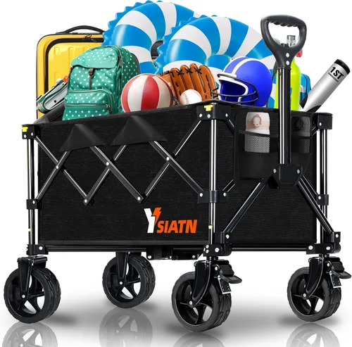 Carrito de Vagón Plegable con Ruedas, Carrito de Vagón Plegable con Ruedas Todo Terreno, Carrito de Comestibles Grande con Ruedas, Vagones Black-6