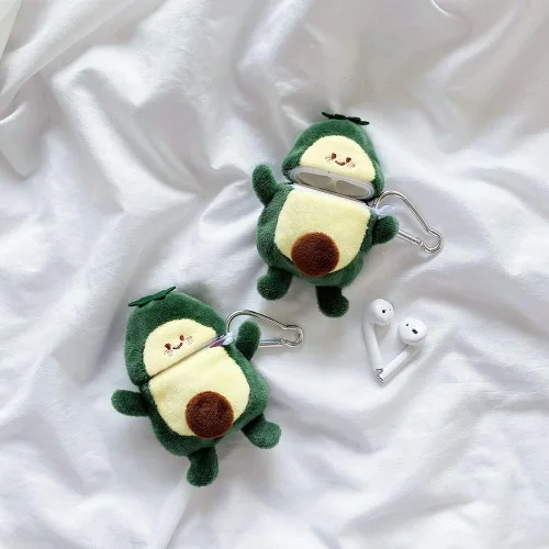 Miniatura 7 de Funda peluda SGVAHY para AirPods 1 y 2, diseño divertido de dibujos animados en 3D, diseño de aguacate verde suave y cálido, funda esponjosa