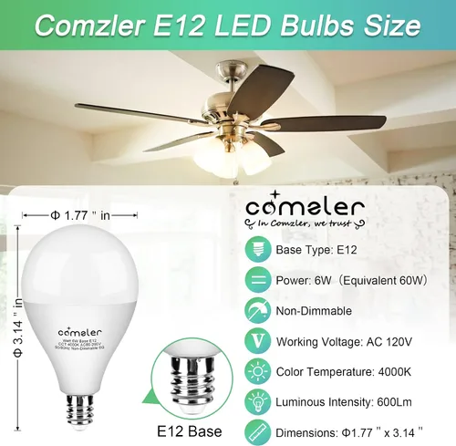 Miniatura 2 de comzler Bombilla LED E12 con base de candelabro, bombilla pequeña equivalente a 60 W, 4000 K, luz natural de día, bombillas para ventilador de techo