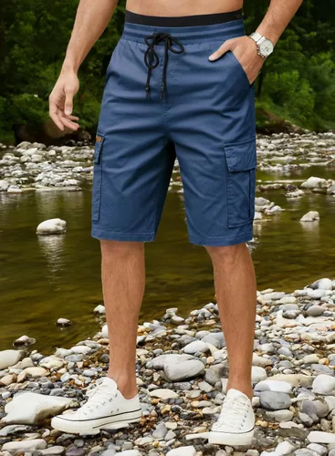 Miniatura 4 de JMIERR Pantalones cortos de sarga para hombre con cordón de algodón clásico elástico con 6 bolsillos