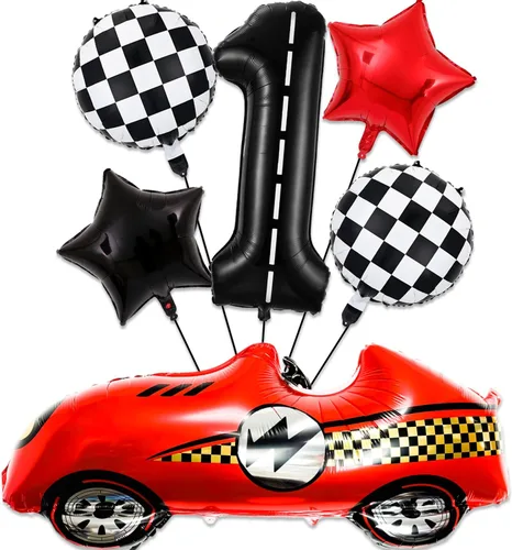 Decoraciones de cumpleaños de carreras de 1 año, globos rojos grandes de coche de carreras de 40 pulgadas, globo negro número 1, globo a cuadros