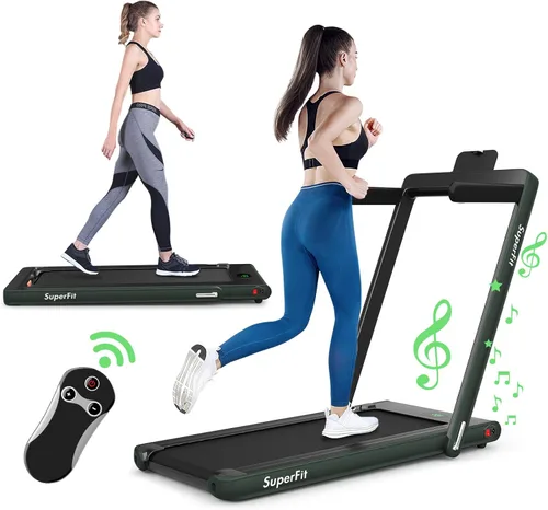GYMAX Caminadora plegable de 2.25 HP con pantalla LED, control remoto e inteligente de aplicaciones, 2 en 1 para debajo del escritorio, caminadora