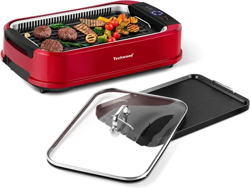 Parrilla eléctrica para interiores sin humo, Techwood de 1500 W, con tapa de vidrio templado, parrilla de barbacoa coreana portátil antiadherente,