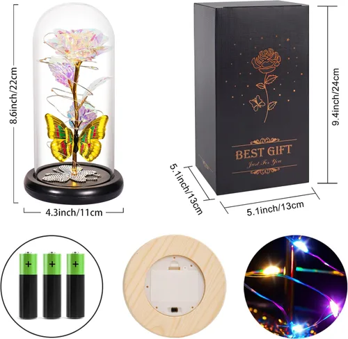 Miniatura 2 de Regalos de cumpleaños para mujer, rosa colorida con luz eterna en cúpula de cristal con mariposa, flores de Navidad para mamá, regalo de hija