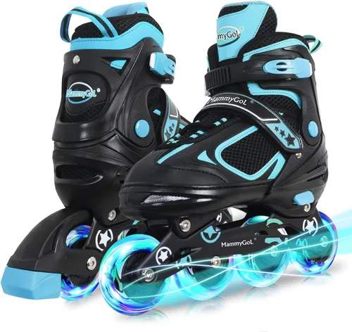 MammyGol Adjustable Inline Skates for Kids Boys Girls Youth Blades Roller Skates with Light up Wheels Ages 4-16 Verde azulado