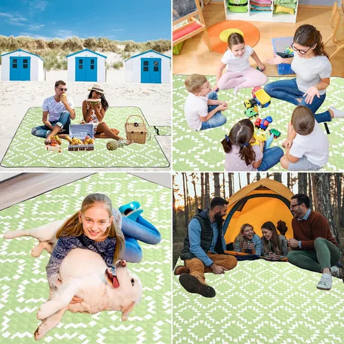 Miniatura 7 de Manta de picnic grande para playa, impermeable, a prueba de arena, ligera, plegable, con correa de transporte, para 2 a 4 adultos, para playa, Verde