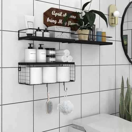 Miniatura 2 de Estantes flotantes negros con ganchos en S, estantes de baño montados en la pared sobre el inodoro con cesta de papel higiénico, organizadores