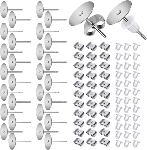 TOAOB - 300 postes y respaldos de aretes de acero inoxidable plateado, hipoalergénicos, de 0.394 pulgadas, con goma transparente y parte trasera de
