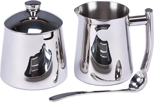 Frieling USA 18/10 - Juego de azúcar y crema de acero inoxidable - Accesorios para café y té con jarra de crema de metal de 10 onzas y azucarero con