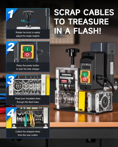 Miniatura 7 de CREWORKS Máquina peladora automática de cables con motor de 180 W, máquina peladora de cables eléctricos de 5 cuchillas para alambre de chatarra