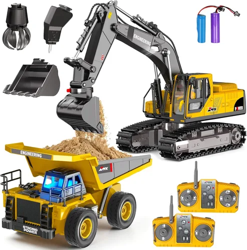 Miniatura 9 de Juguetes de excavadora con control remoto, 3 en 1 con cubeta de metal/garra/taladro, gira 680° - Juguetes de construcción con luces/2