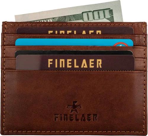 Miniatura 5 de FINELAER Carteras delgadas de cuero con bolsillo frontal para hombre Coñac Minimalista