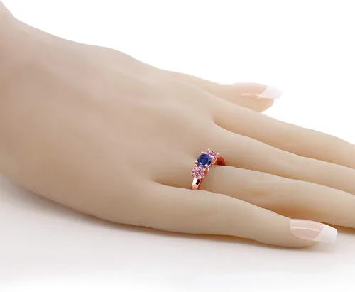 Miniatura 4 de Gem Stone King 1.10 Ct Blue Created Sapphire Pink Lab cultivado diamante de 18 quilates chapado en oro rosa anillo de plata