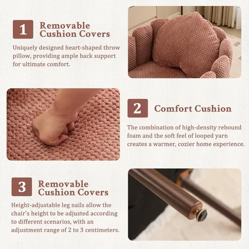 Miniatura 6 de Furniliving Silla de tocador de terciopelo rosa, silla decorativa con patas y almohada de madera, silla de lectura de pétalos para dormitorio, sala