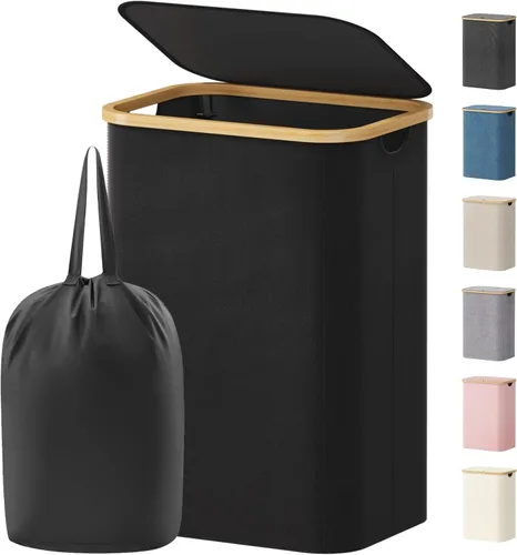 Miniatura 17 de Lifewit Cesta de ropa de 120L con tapa, cestas de ropa para lavandería con asas de bambú y una bolsa de lavandería extraíble, cesta plegable grande