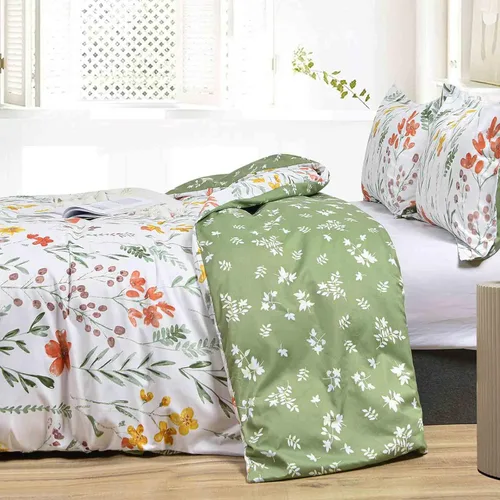 Miniatura 3 de Nanko Funda de Edredón Floral Tamaño Individual, 2 Piezas Hojas Verdes Flores Amarillas Patrón Botánico Juego de Funda de Edredón, Funda de Colcha
