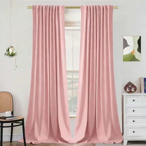 SNITIE Cortinas de terciopelo rosa de 63 pulgadas de largo con pestaña trasera y bolsillo para barra, cortinas de terciopelo suave para filtrar la
