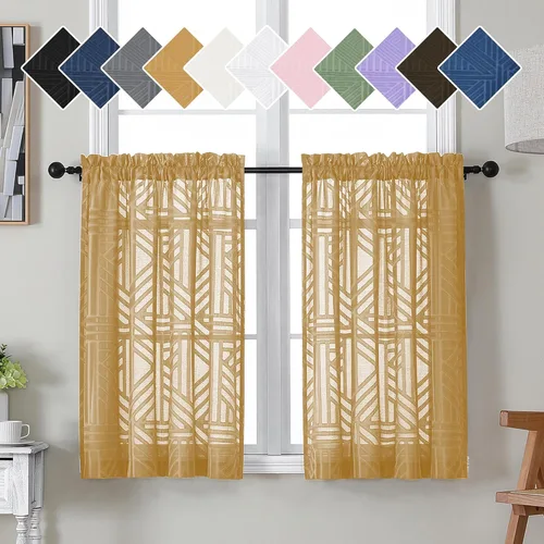 Miniatura 15 de Simplebrand Cortinas traslúcidas negras de cocina de 24 pulgadas de largo, 2 paneles, filtrado de luz, geométrico jacquard con textura, cortinas