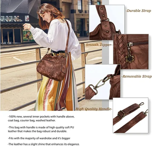 Miniatura 239 de Angel Barcelo - Bolsa de hombro amplia para mujer, diseño Hobo, cuero lavado