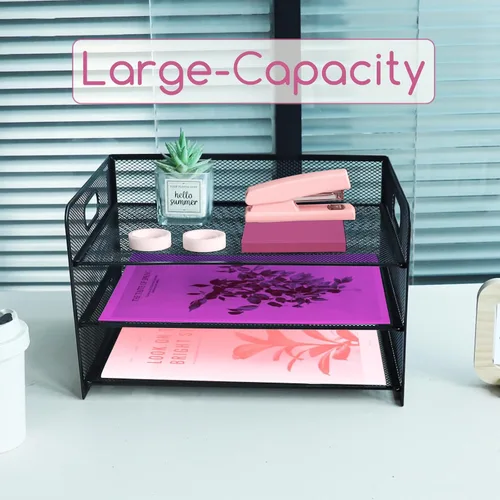 Miniatura 7 de Organizador de 3 niveles con asa, organizador de archivos de escritorio de malla metálica con bandejas deslizantes, escritorio clasificador de papel