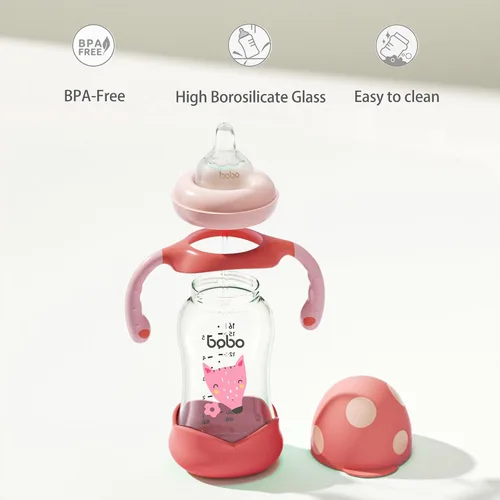 Miniatura 3 de YOHKOH Biberón de vidrio natural con pezón de respuesta natural, biberones de cuello ancho con asa, juego de biberones anticólicos para recién Rojo